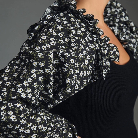 Anthropologie Black Floral Puff Sleeve top small Ribbed knit NWT $98 - Picture 8 of 10